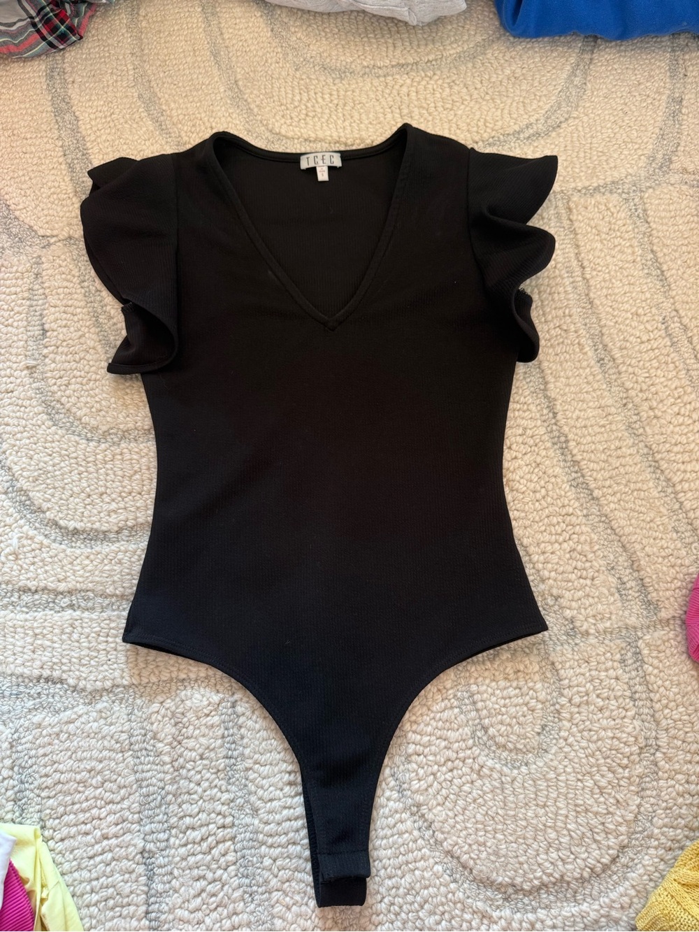 TCEC Black Ruffle-Sleeve V-Neck Bodysuit